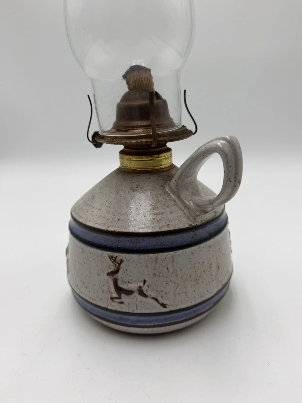 Vintage Onion River Pottery Vermont Oil Lamp Deer Stoneware Cabincore Lodges
